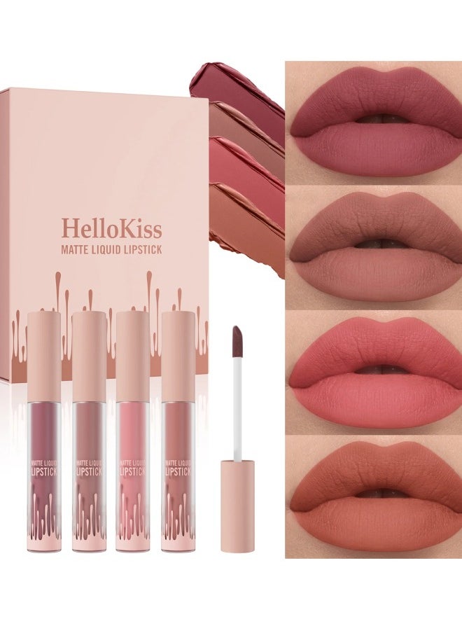 HelloKiss - 4 Colors Matte Liquid Lipstick Set Non Drying Moisturizing Formula Lip Gloss Ultra Matte Finish Waterproof Sweatproof Long Lasting Soft Smooth Matte Finish Liquid Lipstick - Image 1