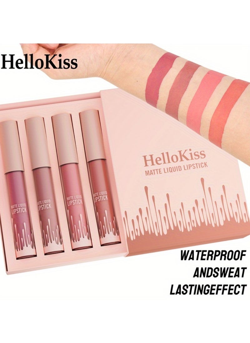 HelloKiss - 4 Colors Matte Liquid Lipstick Set Non Drying Moisturizing Formula Lip Gloss Ultra Matte Finish Waterproof Sweatproof Long Lasting Soft Smooth Matte Finish Liquid Lipstick - Image 1