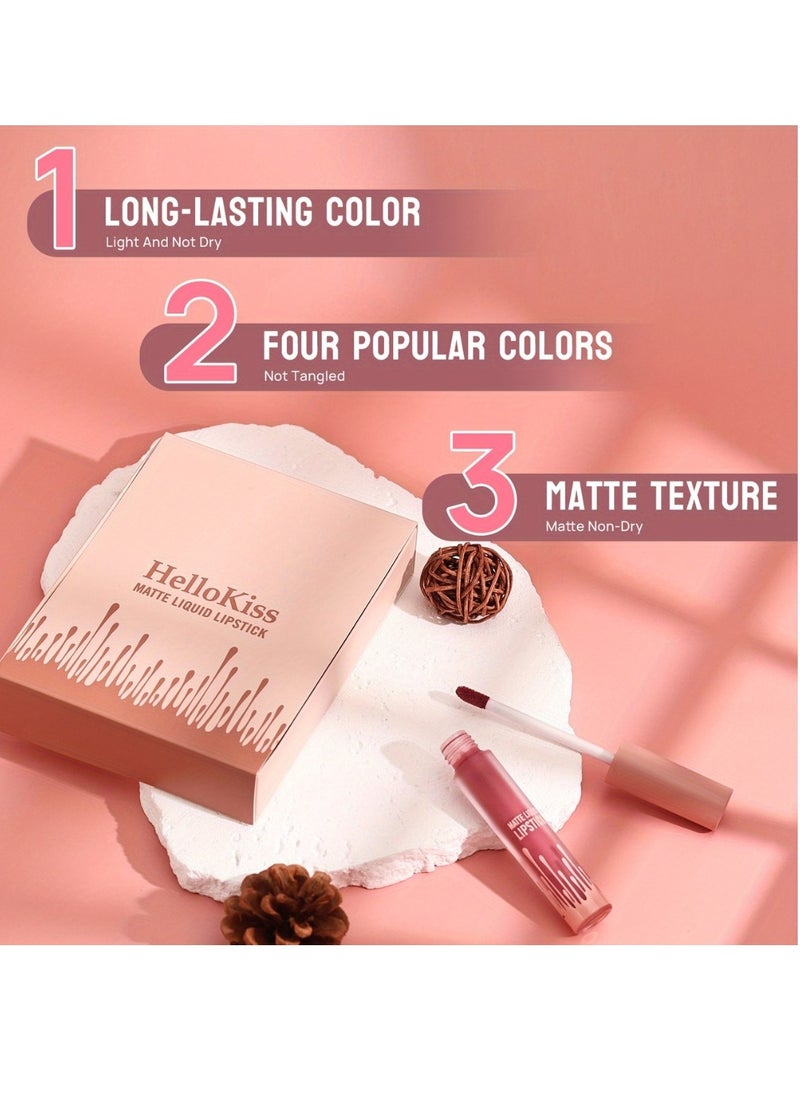 HelloKiss - 4 Colors Matte Liquid Lipstick Set Non Drying Moisturizing Formula Lip Gloss Ultra Matte Finish Waterproof Sweatproof Long Lasting Soft Smooth Matte Finish Liquid Lipstick - Image 1