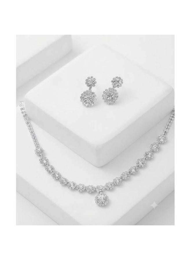 Platinum-Finish Floral Cluster Rhinestone Necklace and Earrings Set