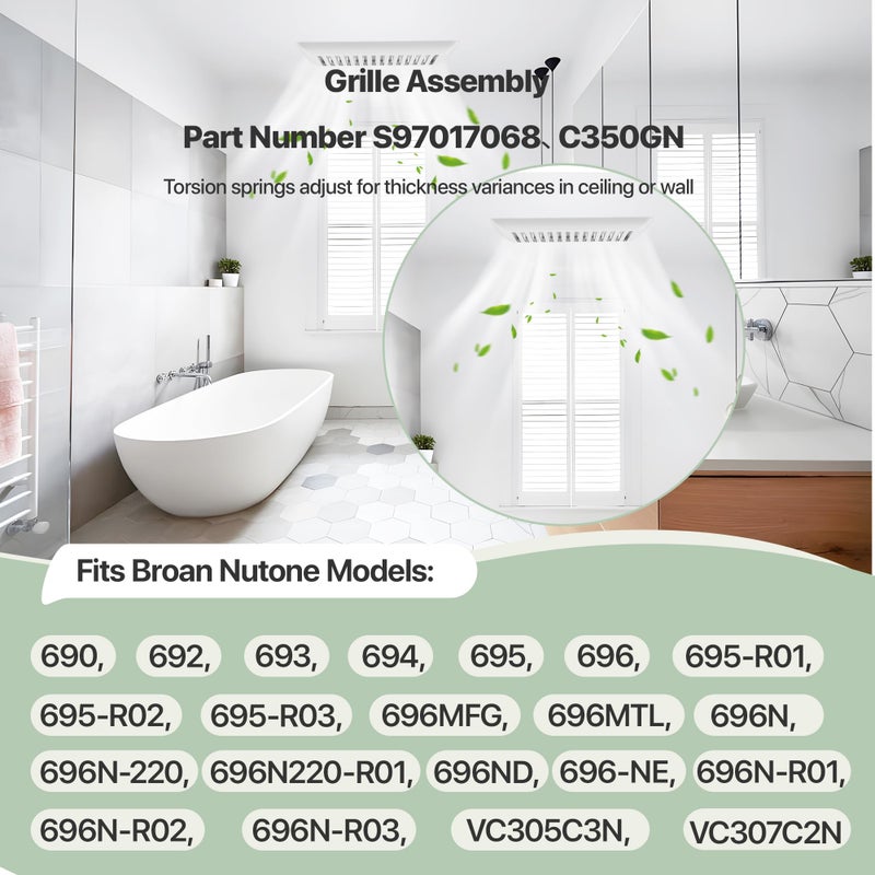 SurpLee C350GN Bathroom Plastic Grille Cover with Springs for Broan-NuTone 695 and 696N Ventilation Fans, S97017068 Replacement for Broan-NuTone Wall-Mount Exhaust or Bathroom Vent Fan Grille, 1 Pack - Image 4