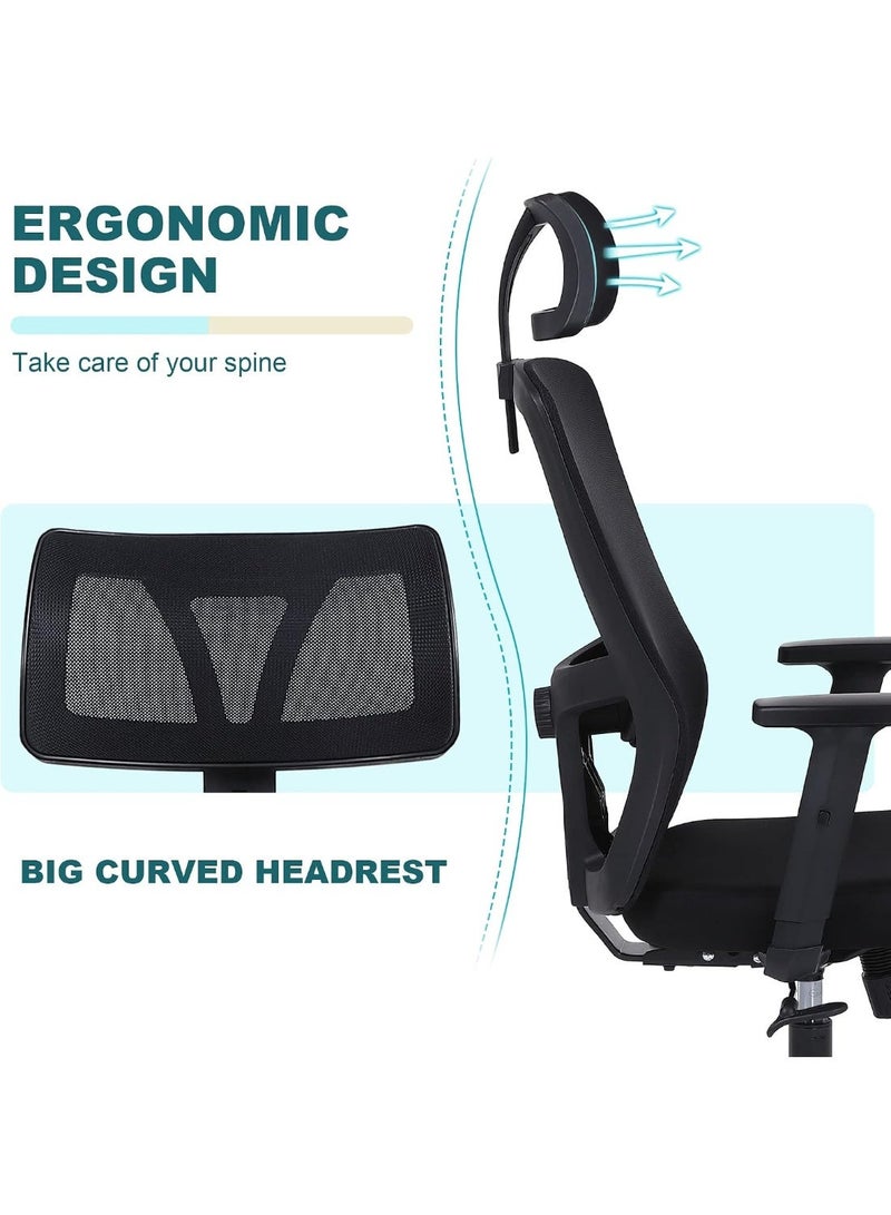 Comfortable high-back office chair with headrest, armrests, adjustable lumbar support, breathable mesh, thick foam seat, height and tilt adjustment, and 360-degree swivel. Black. - Image 4