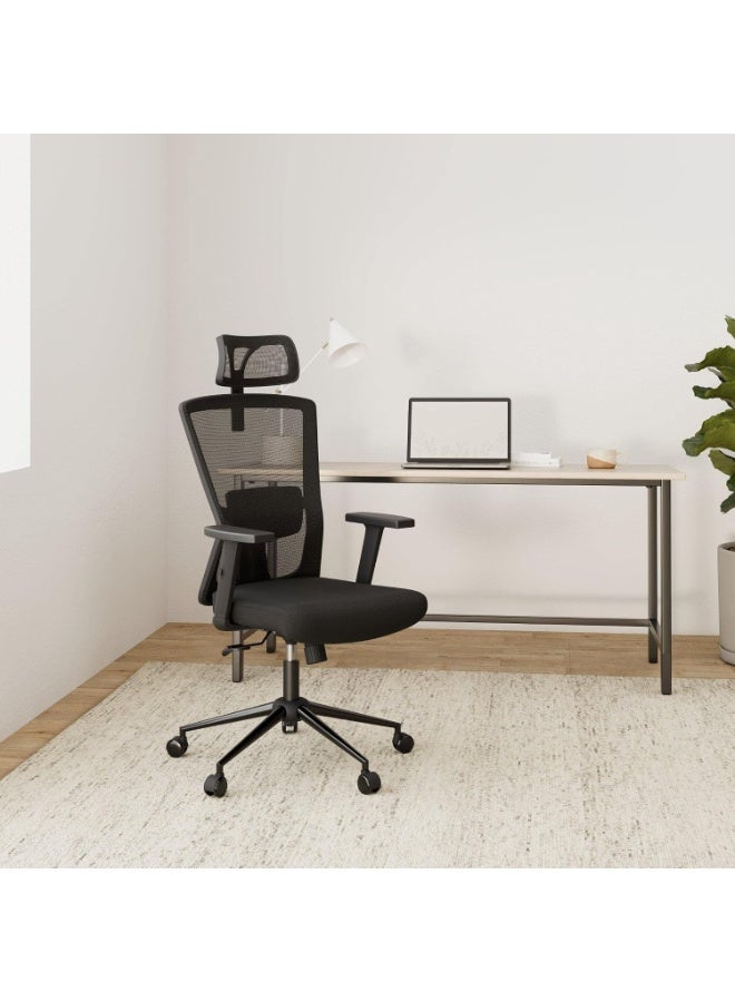 Comfortable high-back office chair with headrest, armrests, adjustable lumbar support, breathable mesh, thick foam seat, height and tilt adjustment, and 360-degree swivel. Black. - Image 5