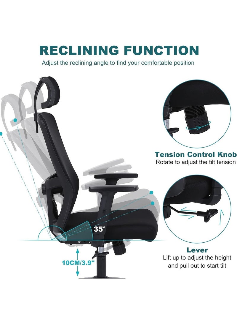 Comfortable high-back office chair with headrest, armrests, adjustable lumbar support, breathable mesh, thick foam seat, height and tilt adjustment, and 360-degree swivel. Black. - Image 3