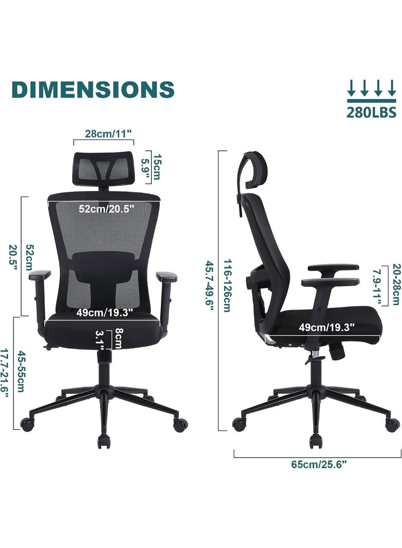 Comfortable high-back office chair with headrest, armrests, adjustable lumbar support, breathable mesh, thick foam seat, height and tilt adjustment, and 360-degree swivel. Black. - Image 2