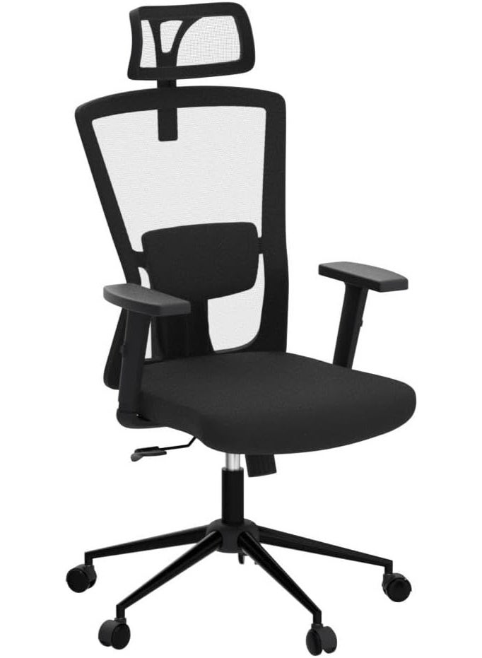 Comfortable high-back office chair with headrest, armrests, adjustable lumbar support, breathable mesh, thick foam seat, height and tilt adjustment, and 360-degree swivel. Black. - Image 1