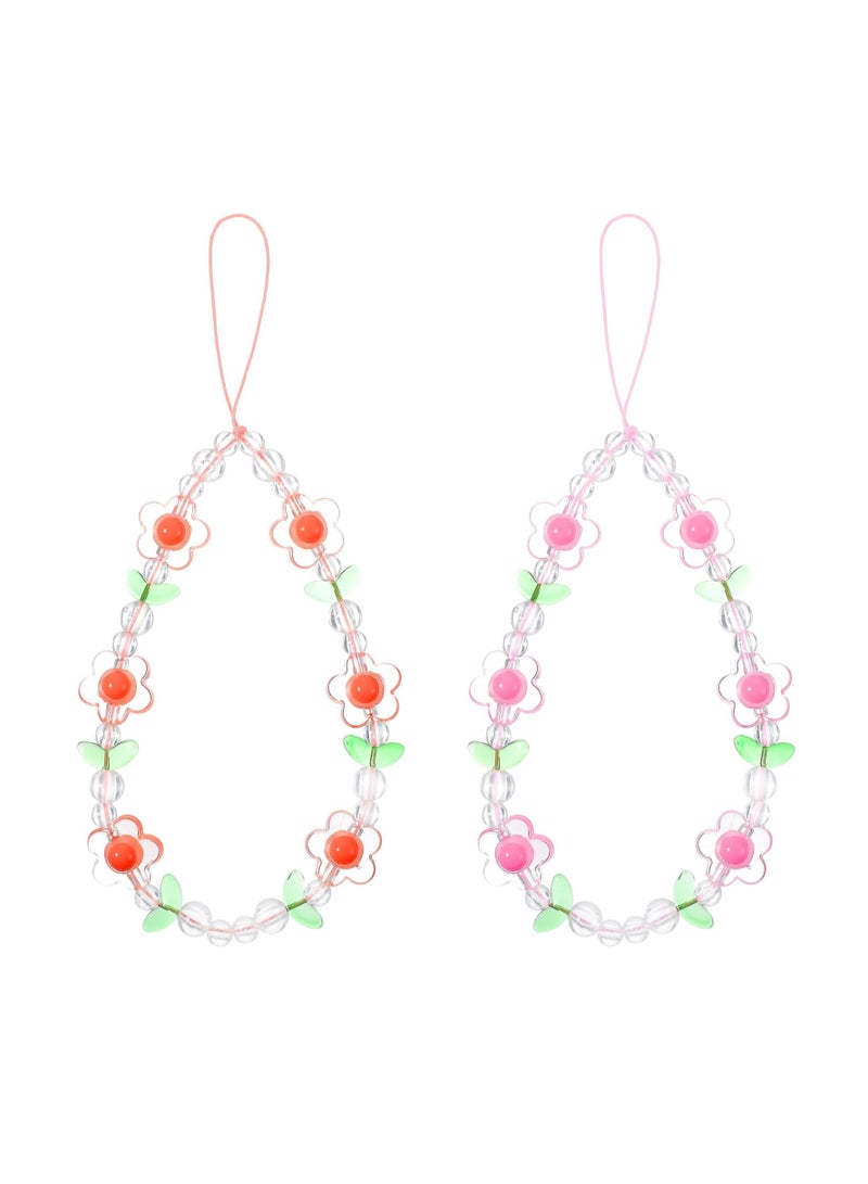 Oasisgalore 2 Pcs Beaded Phone Charms, Pink/Orange Flower Pearl Bracelet Lanyards, for Women's Phone/Wallet  - Image 1