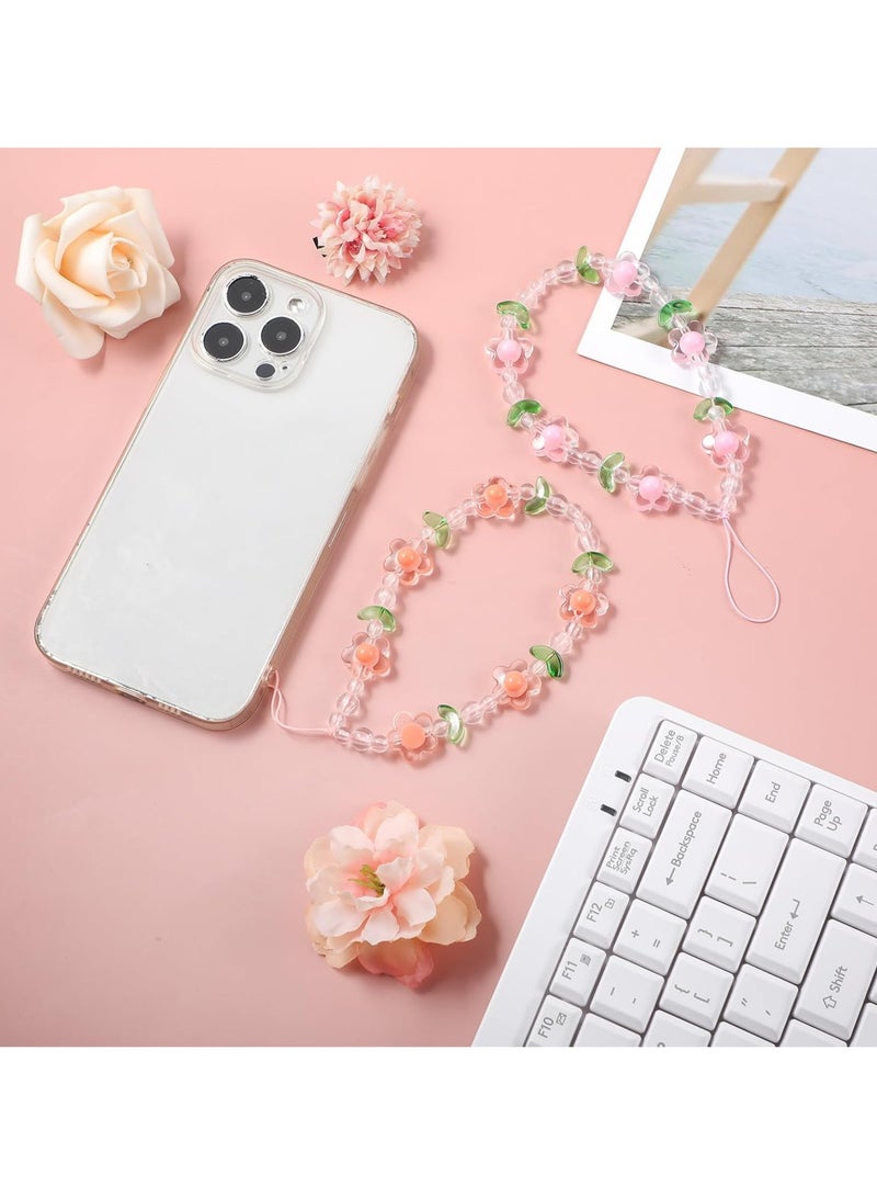 Oasisgalore 2 Pcs Beaded Phone Charms, Pink/Orange Flower Pearl Bracelet Lanyards, for Women's Phone/Wallet  - Image 2
