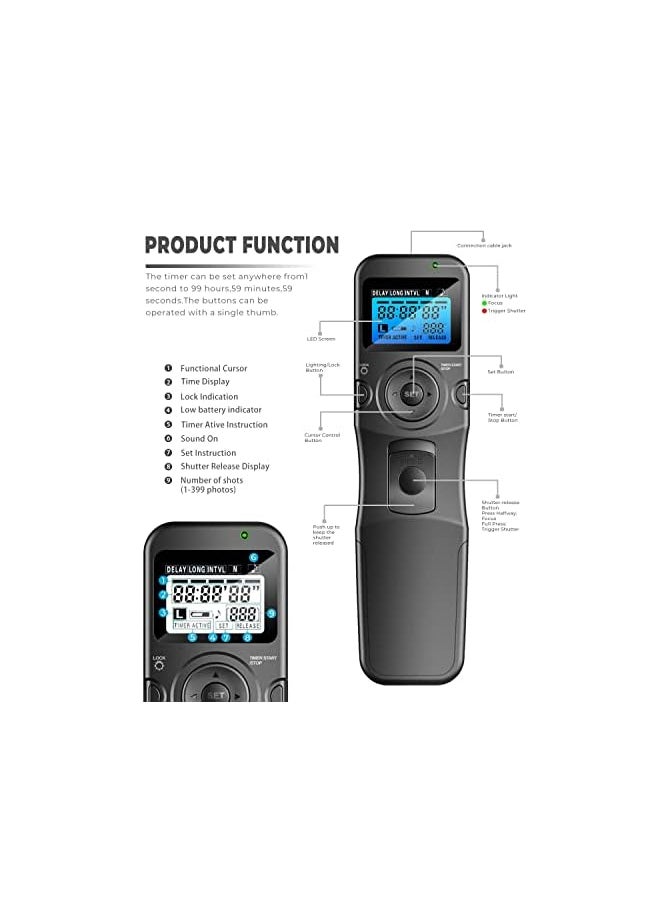 Zaboon - Timer Remote Shutter Release Trigger Intervalometer for Canon EOS Rebel T6 T7 80D 70D 60D 60Da 77D T7i T6i T6s SL2 SL1 T5 T3 T5i T4i T3i T2i EOS R M6 M5 Cameras - Image 1