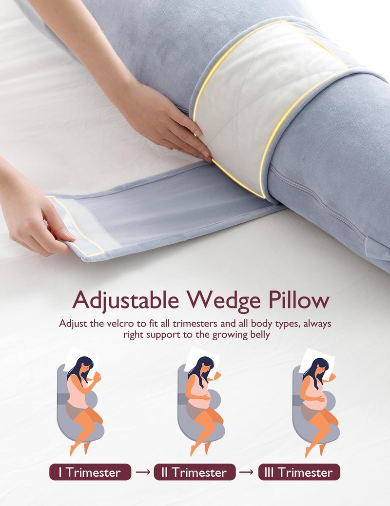 Momcozy Momcozy F Shaped Pregnancy Pillow Cover, 53-inch Large Pregnancy Body Pillowcase Removable with Adjustable Wedge Pillow, Soft & Machine Washable Replacement Cover, Velvet, Grey  - Image 5