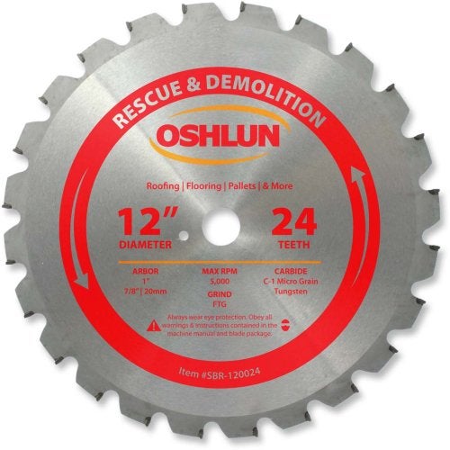OSHLUN شفرة منشار أوشلون SBR-120024 بقطر 12 بوصة و 24 سنًا مع عمود بقطر 1 بوصة (محامل بقطر 7/8 بوصة و 20 مم) للإنقاذ والهدم - Image 1