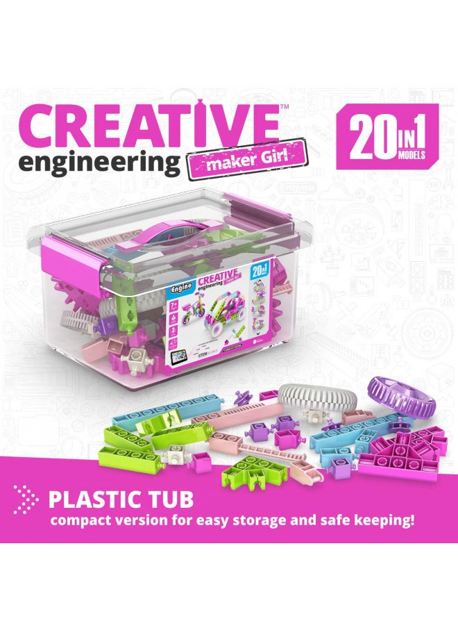 Engino Toys Creative Engineering STEM Maker Girl 20-Model Set, Think and Build in 3D Space, Activities and Experiments, Supercharged Speedsters, Helicopter, Snowmobile, Home Learning, for Ages 7+