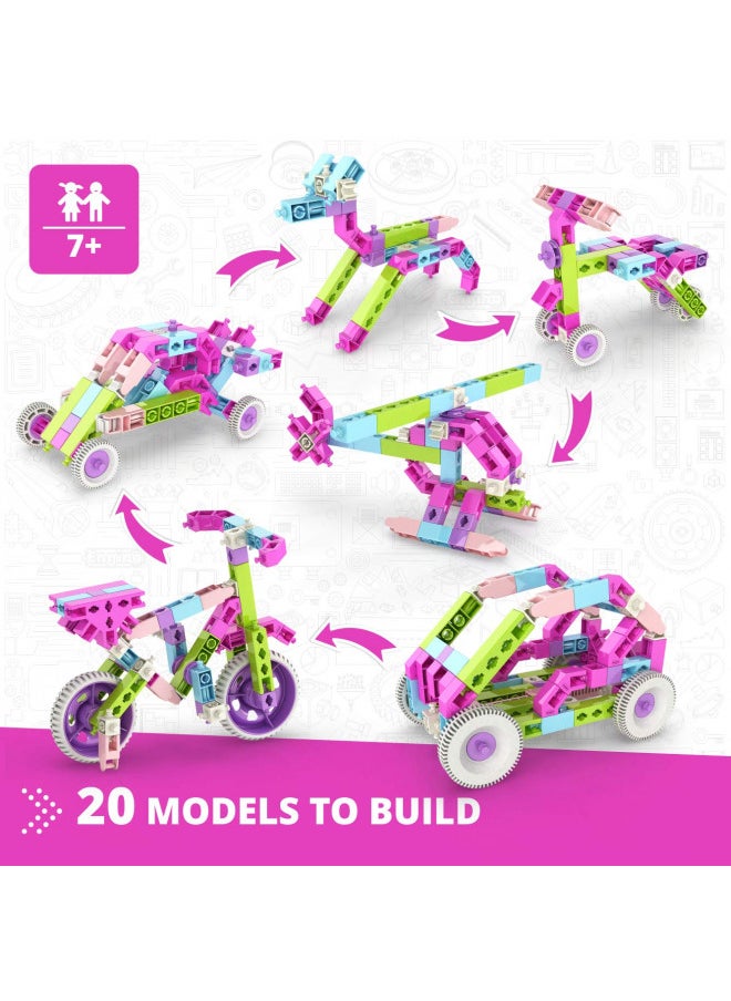 Engino Toys Creative Engineering STEM Maker Girl 20-Model Set, Think and Build in 3D Space, Activities and Experiments, Supercharged Speedsters, Helicopter, Snowmobile, Home Learning, for Ages 7+