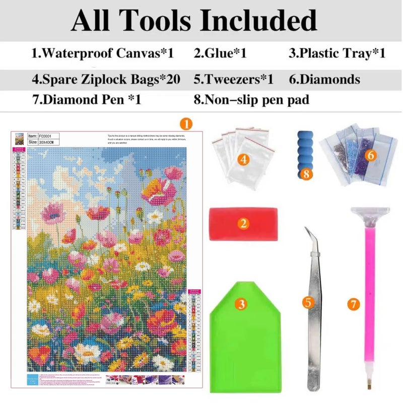 ckdiluy Flower Diamond Art Kits for Adults, 5D Colorful Wildflowers Diamond Painting Kit for Beginners, Flowers DIY Round Full Drill Painting with Gem Art Craft Kits for Home Wall Decor 12x 16 Inch - Image 5