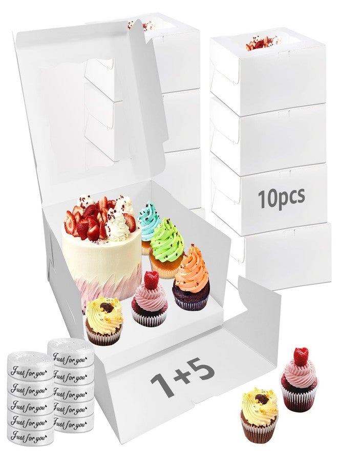 LLOERE 10 Pack Bento Cakes and Cupcake Boxes with Transparent Windows 5-in-1 Suitable for 5 Cupcakes and 1 Small Cake, Used as Baking Supplies for Birthdays, Weddings, Holidays and Parties - Image 1