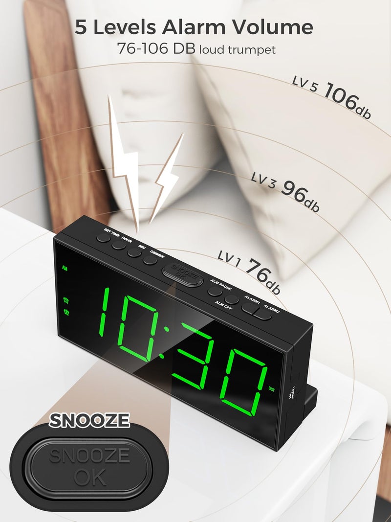 PPLEE Digital Alarm Clock for Bedroom, 2 Alarms Large Big Numbers Display with Dimmer for Living Room, Electric Bedside Desk Clock with Power Adapter, USB Charger, Adjustable Volume, Green LED Display - Image 4
