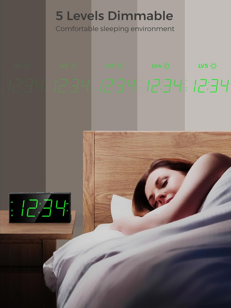 PPLEE Digital Alarm Clock for Bedroom, 2 Alarms Large Big Numbers Display with Dimmer for Living Room, Electric Bedside Desk Clock with Power Adapter, USB Charger, Adjustable Volume, Green LED Display - Image 3