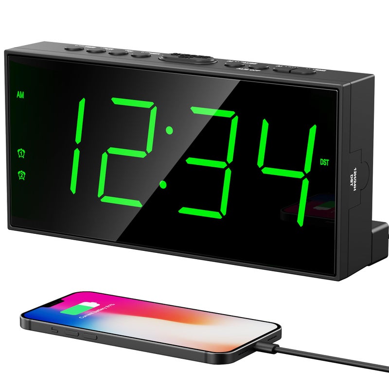 PPLEE Digital Alarm Clock for Bedroom, 2 Alarms Large Big Numbers Display with Dimmer for Living Room, Electric Bedside Desk Clock with Power Adapter, USB Charger, Adjustable Volume, Green LED Display - Image 1
