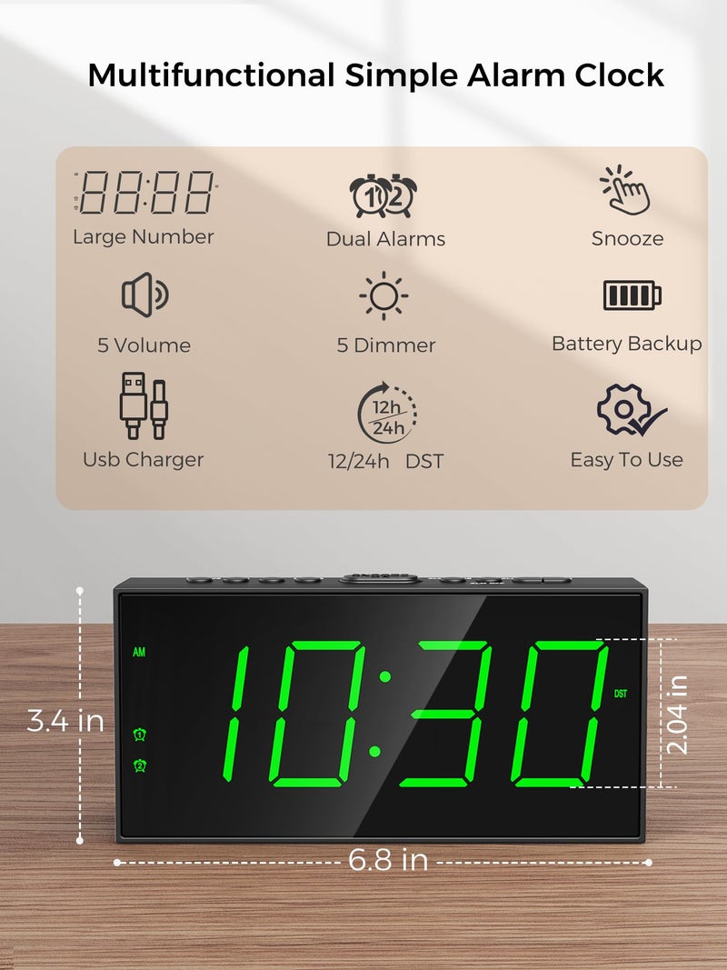 PPLEE Digital Alarm Clock for Bedroom, 2 Alarms Large Big Numbers Display with Dimmer for Living Room, Electric Bedside Desk Clock with Power Adapter, USB Charger, Adjustable Volume, Green LED Display - Image 2