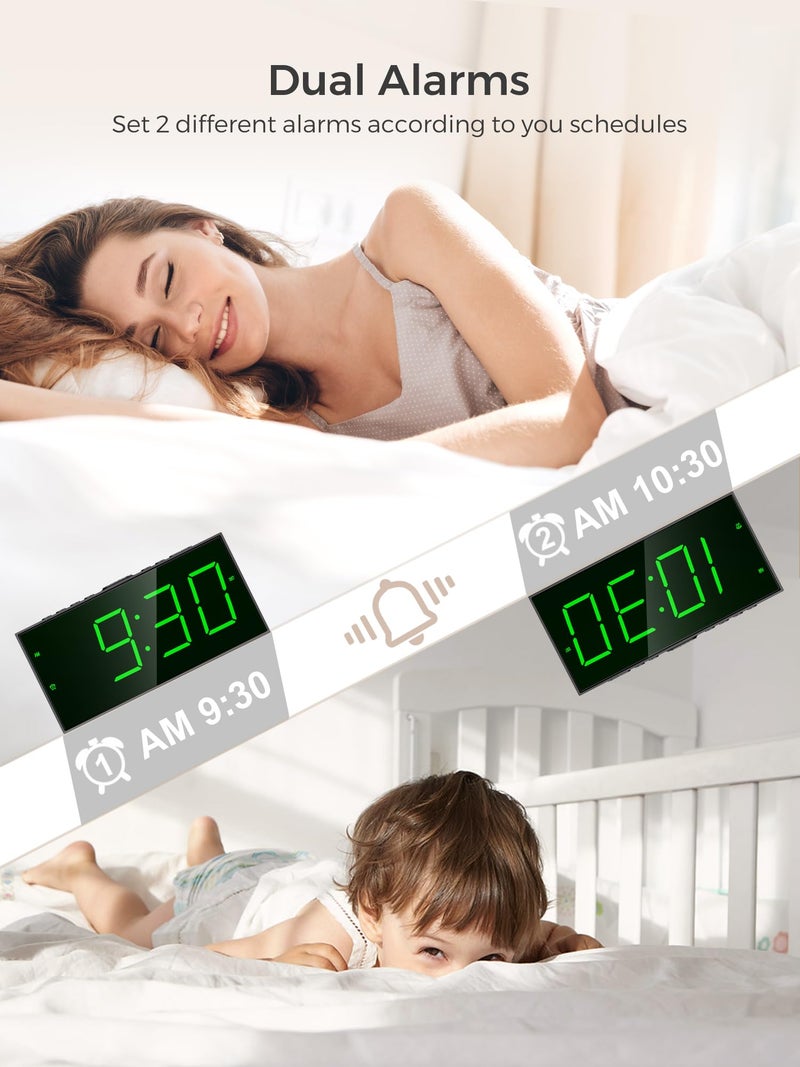 PPLEE Digital Alarm Clock for Bedroom, 2 Alarms Large Big Numbers Display with Dimmer for Living Room, Electric Bedside Desk Clock with Power Adapter, USB Charger, Adjustable Volume, Green LED Display - Image 5