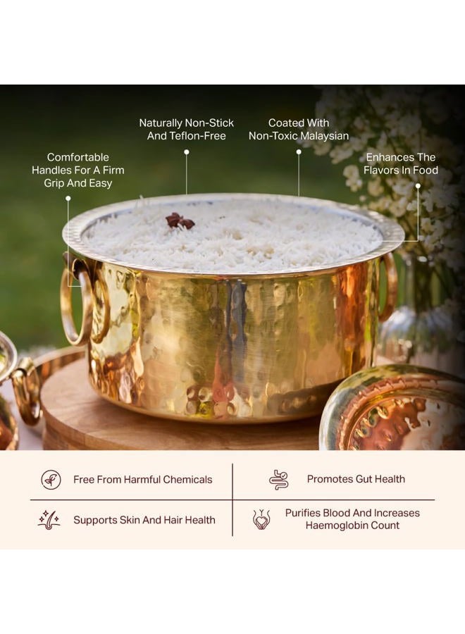 P-TAL Brass Patila for Cooking | 100% Pure Brass Round Heavy Bottom | Tapeli/Patila/Bhagona | Golden Brass Handi (1 Liter), Hammered, Polished cooking pot - Image 2