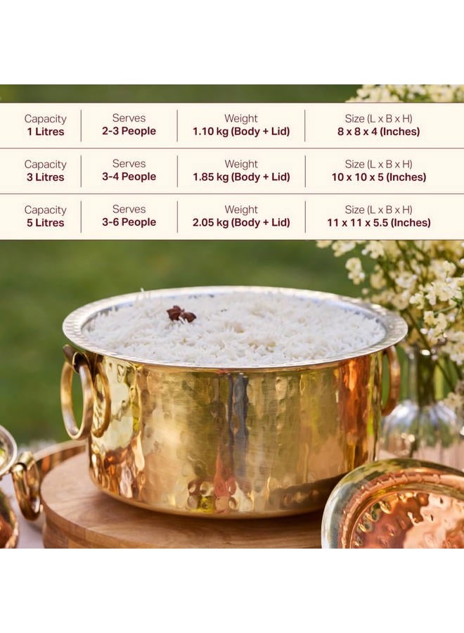 P-TAL Brass Patila for Cooking | 100% Pure Brass Round Heavy Bottom | Tapeli/Patila/Bhagona | Golden Brass Handi (1 Liter), Hammered, Polished cooking pot - Image 3
