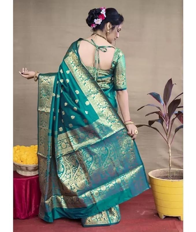 Shiv Textiles Women's Silk Woven Kanjivaram Saree(S-102-TURQUOISE) - Image 4