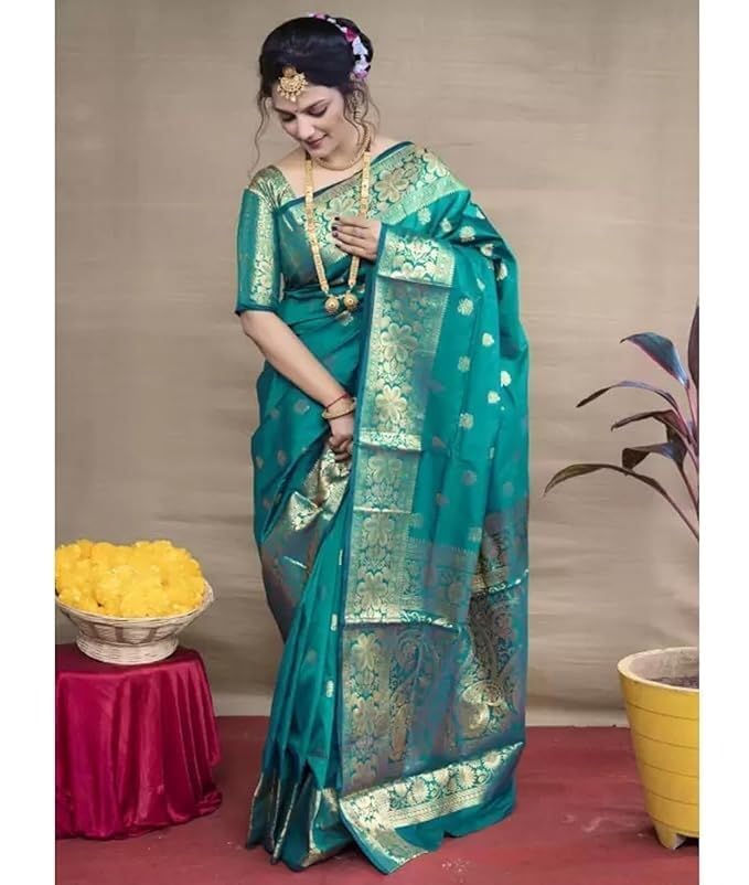 Shiv Textiles Women's Silk Woven Kanjivaram Saree(S-102-TURQUOISE) - Image 2
