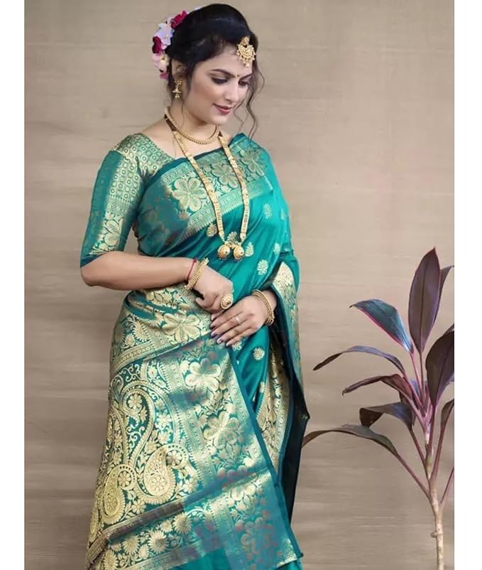 Shiv Textiles Women's Silk Woven Kanjivaram Saree(S-102-TURQUOISE) - Image 3