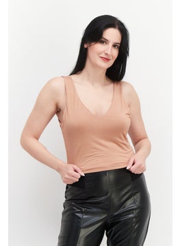 Women V-Neck Sleeveless Solid Crop Tank Top, Light Brown
