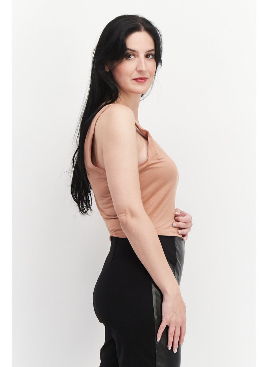 Gentle Fawn - Women V-Neck Sleeveless Solid Crop Tank Top, Light Brown - Image 1