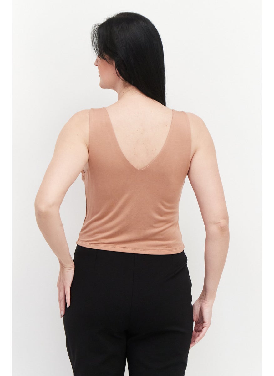 Gentle Fawn - Women V-Neck Sleeveless Solid Crop Tank Top, Light Brown - Image 1