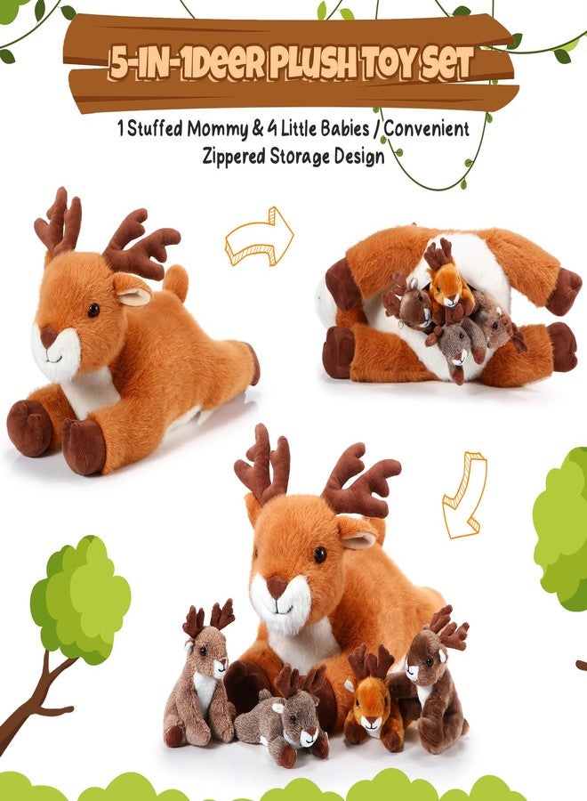 Poen Plush Deer Stuffed Animal Set 16 Inch Cuddly Mommy Deer Plush with 4 Cute Little Plushes in Her Zippered Tummy for Kids Birthday Baby Shower Decor Gift Woodland Party Favors(Lying) - Image 5