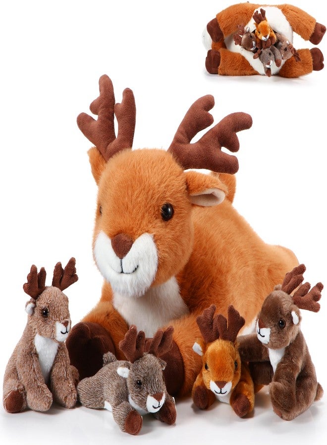 Poen Plush Deer Stuffed Animal Set 16 Inch Cuddly Mommy Deer Plush with 4 Cute Little Plushes in Her Zippered Tummy for Kids Birthday Baby Shower Decor Gift Woodland Party Favors(Lying) - Image 1