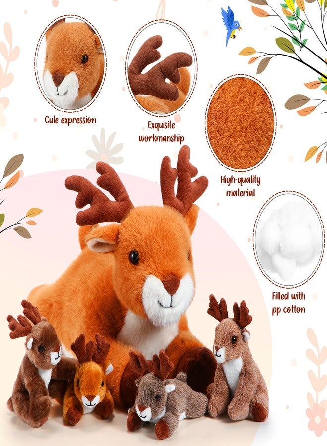 Poen Plush Deer Stuffed Animal Set 16 Inch Cuddly Mommy Deer Plush with 4 Cute Little Plushes in Her Zippered Tummy for Kids Birthday Baby Shower Decor Gift Woodland Party Favors(Lying) - Image 3