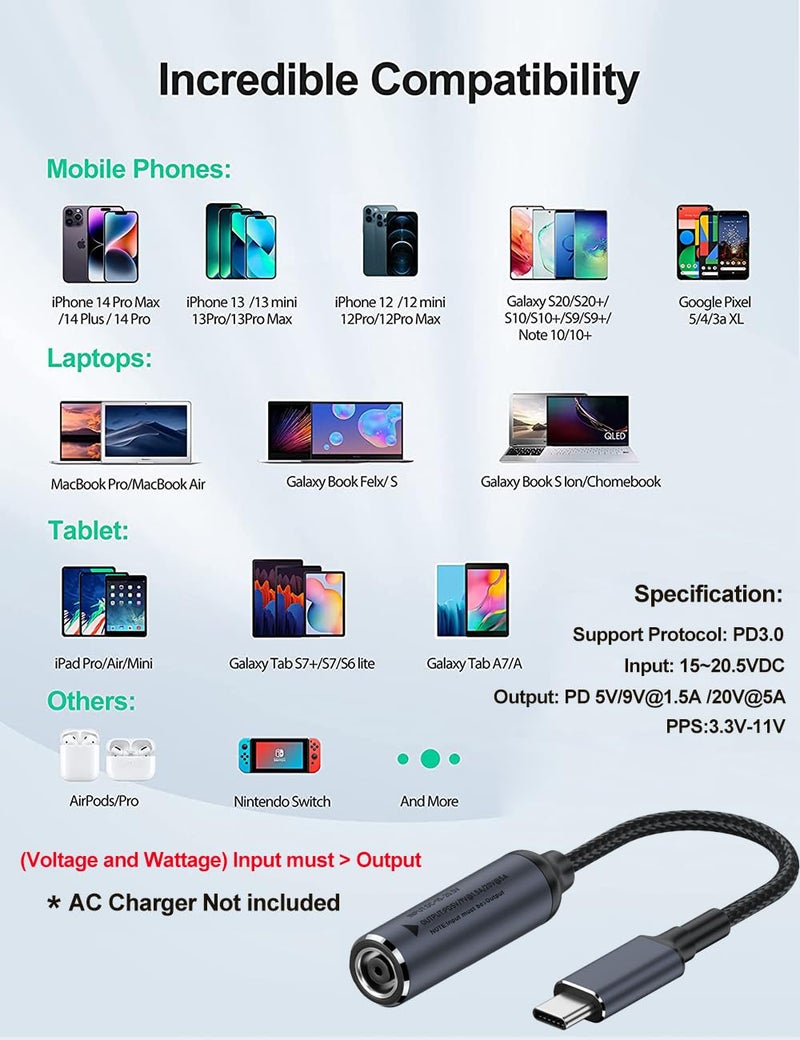 PLUSPOE USB C to Barrel Tip Adapter, 45W 65W 100W PD Charging for Convert Dell, HP 7.4mm x 5.0mm Charger to Type C Power for Phones,Tablets,Laptops and Other USB C Devices, Input: DC15-20.5V - Image 5