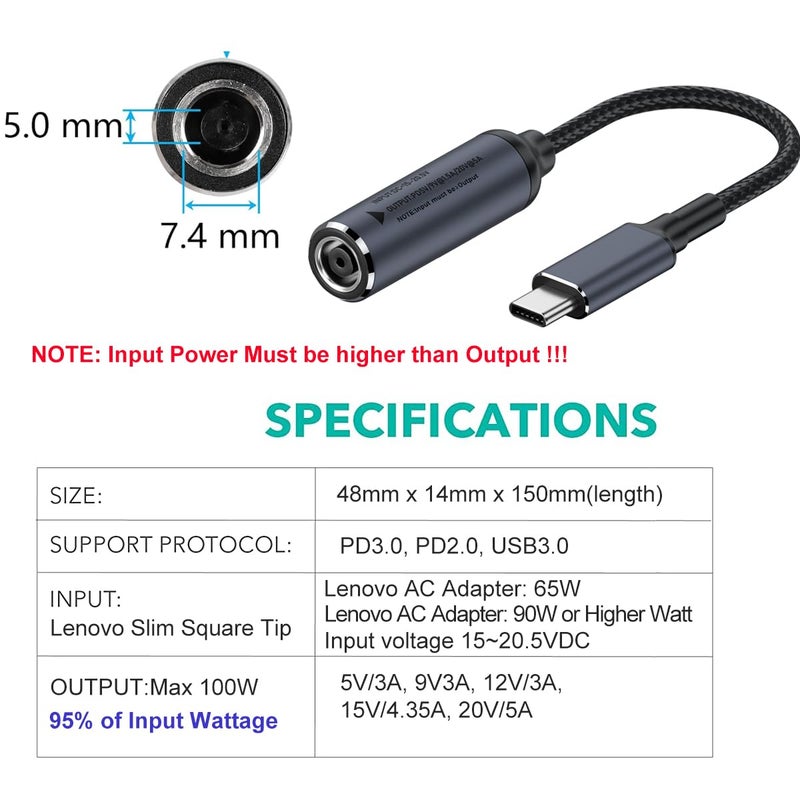 PLUSPOE USB C to Barrel Tip Adapter, 45W 65W 100W PD Charging for Convert Dell, HP 7.4mm x 5.0mm Charger to Type C Power for Phones,Tablets,Laptops and Other USB C Devices, Input: DC15-20.5V - Image 3