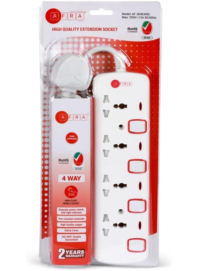 AFRA AFRA Japan Universal Extension Cord, 4 Way 3M, 4 Universal Sockets, 3 Meter Cable, Shock proof, 250V, ESMA, ROHS, and CB Certified with 2 Years Warranty  - Image 1