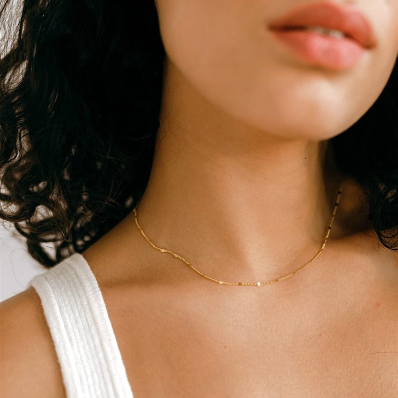BERISO 14K Gold/Silver Plated Choker Necklace for Women Shining Dots Station Gold Chain Necklace Beads Sparkle Chain Necklace Link Chain Exquisite Jewelry for women - Image 2