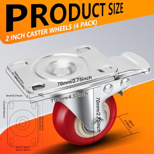 PUIPUM Caster Wheels 2 Inch, Heavy Duty Caster Wheels Set of 4, Swivel Castor Wheels with Dual Locking Brakes, Silent Polyurethane (PU), 360° Rotation, for Furniture and Workbench, Load 600lbs - Image 2