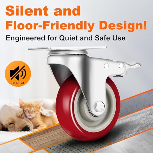 PUIPUM Caster Wheels 2 Inch, Heavy Duty Caster Wheels Set of 4, Swivel Castor Wheels with Dual Locking Brakes, Silent Polyurethane (PU), 360° Rotation, for Furniture and Workbench, Load 600lbs - Image 5