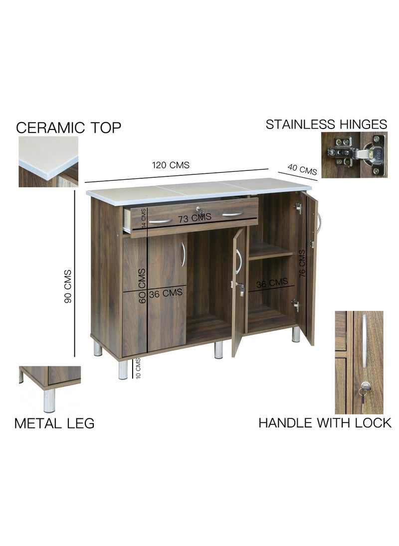 AFT - Arfan Stylish 3-Door Kitchen Cabinet With Elegant Ceramic top Tile Top And Drawer With Locks – Perfect For Storage And Display, Durable Ceramic Top Tile Top – Ideal For Home Organization, Space-Saving Design, Enhance Your Kitchen Décor Versatile 3-Door Kitchen, Drawer Cabinet With Sturdy Tile Top – Stylish Storage Solution Columbia Walnut Brown - Image 1