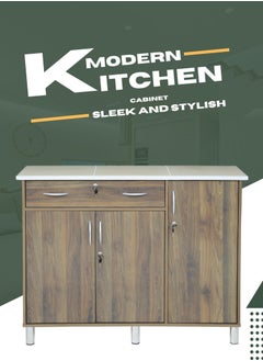 AFT Arfan Stylish 3-Door Kitchen Cabinet With Elegant Ceramic top Tile Top And Drawer With Locks – Perfect For Storage And Display, Durable Ceramic Top Tile Top – Ideal For Home Organization, Space-Saving Design, Enhance Your Kitchen Décor Versatile 3-Door Kitchen, Drawer Cabinet With Sturdy Tile Top – Stylish Storage Solution Columbia Walnut Brown  - Image 1
