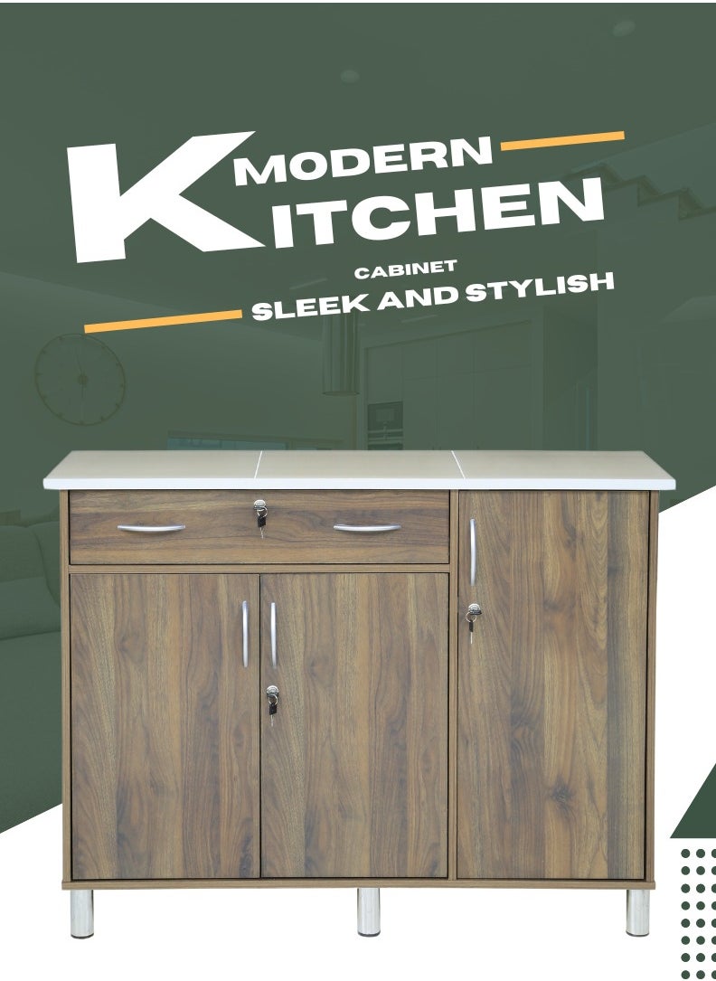 AFT Arfan Stylish 3-Door Kitchen Cabinet With Elegant Ceramic top Tile Top And Drawer With Locks – Perfect For Storage And Display, Durable Ceramic Top Tile Top – Ideal For Home Organization, Space-Saving Design, Enhance Your Kitchen Décor Versatile 3-Door Kitchen, Drawer Cabinet With Sturdy Tile Top – Stylish Storage Solution Columbia Walnut Brown  - Image 1