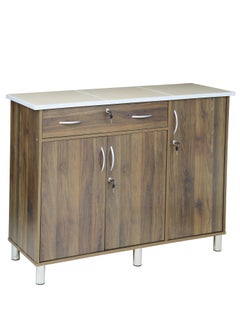 AFT Arfan Stylish 3-Door Kitchen Cabinet With Elegant Ceramic top Tile Top And Drawer With Locks – Perfect For Storage And Display, Durable Ceramic Top Tile Top – Ideal For Home Organization, Space-Saving Design, Enhance Your Kitchen Décor Versatile 3-Door Kitchen, Drawer Cabinet With Sturdy Tile Top – Stylish Storage Solution Columbia Walnut Brown  - Image 3