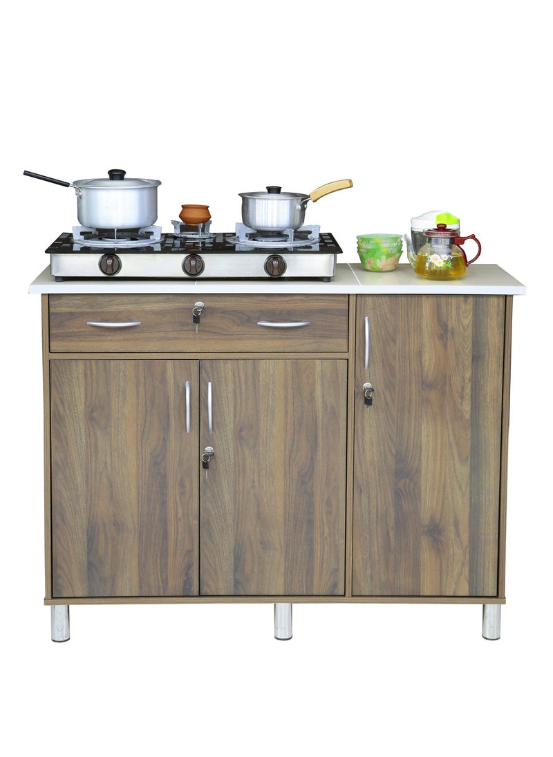 AFT Arfan Stylish 3-Door Kitchen Cabinet With Elegant Ceramic top Tile Top And Drawer With Locks – Perfect For Storage And Display, Durable Ceramic Top Tile Top – Ideal For Home Organization, Space-Saving Design, Enhance Your Kitchen Décor Versatile 3-Door Kitchen, Drawer Cabinet With Sturdy Tile Top – Stylish Storage Solution Columbia Walnut Brown  - Image 5