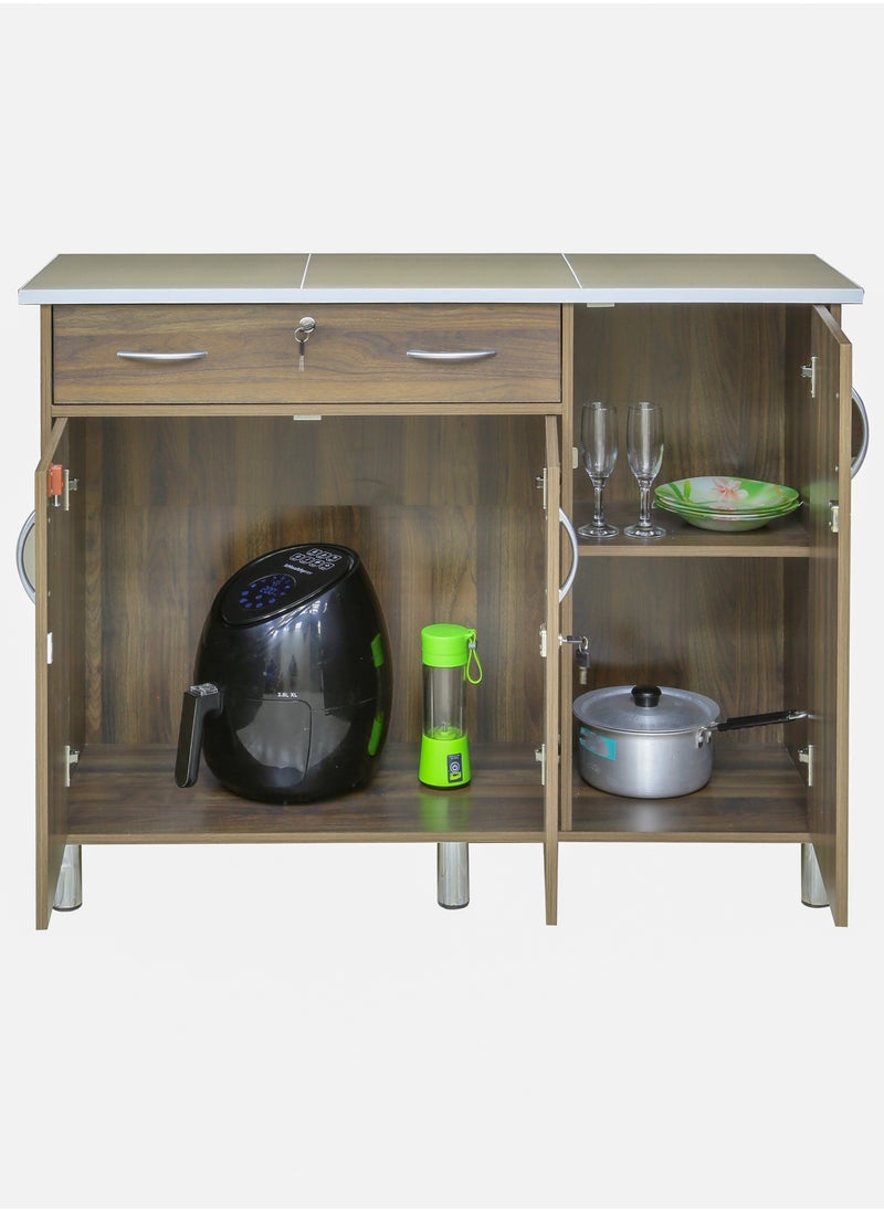 AFT - Arfan Stylish 3-Door Kitchen Cabinet With Elegant Ceramic top Tile Top And Drawer With Locks – Perfect For Storage And Display, Durable Ceramic Top Tile Top – Ideal For Home Organization, Space-Saving Design, Enhance Your Kitchen Décor Versatile 3-Door Kitchen, Drawer Cabinet With Sturdy Tile Top – Stylish Storage Solution Columbia Walnut Brown - Image 1