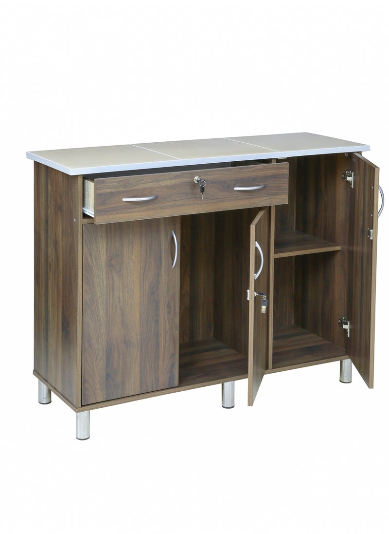 AFT Arfan Stylish 3-Door Kitchen Cabinet With Elegant Ceramic top Tile Top And Drawer With Locks – Perfect For Storage And Display, Durable Ceramic Top Tile Top – Ideal For Home Organization, Space-Saving Design, Enhance Your Kitchen Décor Versatile 3-Door Kitchen, Drawer Cabinet With Sturdy Tile Top – Stylish Storage Solution Columbia Walnut Brown  - Image 2