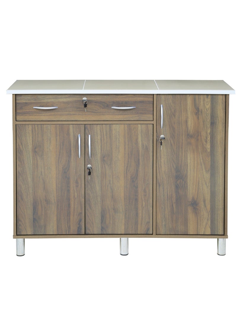 AFT Arfan Stylish 3-Door Kitchen Cabinet With Elegant Ceramic top Tile Top And Drawer With Locks – Perfect For Storage And Display, Durable Ceramic Top Tile Top – Ideal For Home Organization, Space-Saving Design, Enhance Your Kitchen Décor Versatile 3-Door Kitchen, Drawer Cabinet With Sturdy Tile Top – Stylish Storage Solution Columbia Walnut Brown  - Image 4