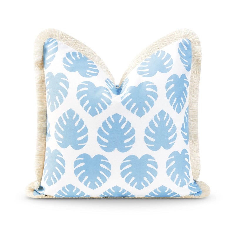 Hofdeco Premium Coastal Hampton Style Patio Indoor Outdoor Pillow Cover Only 20x20 Water Resistant for Backyard Couch Baby Blue Monstera Leaf Fringe